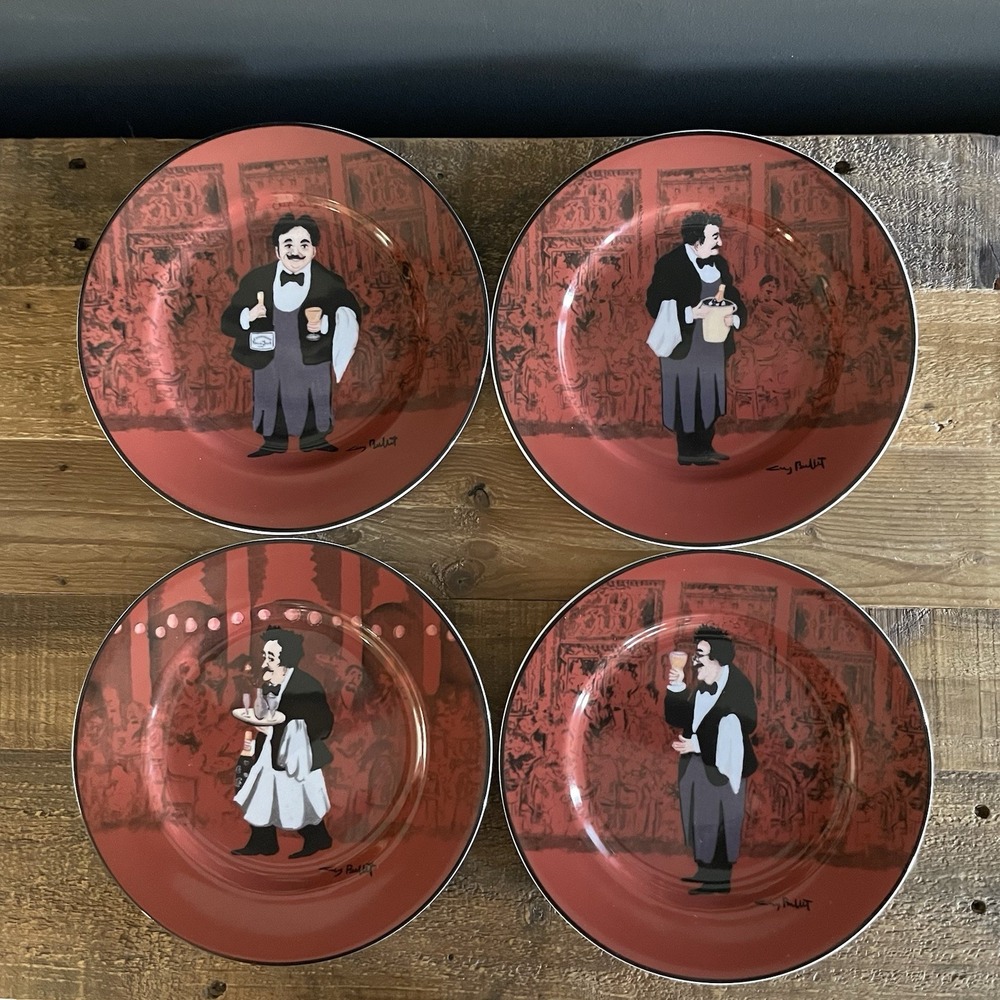 4 WILLIAMS-SONOMA Guy Buffet LES GARCONS Waiter 8" Salad Plates Red Wine Bistro